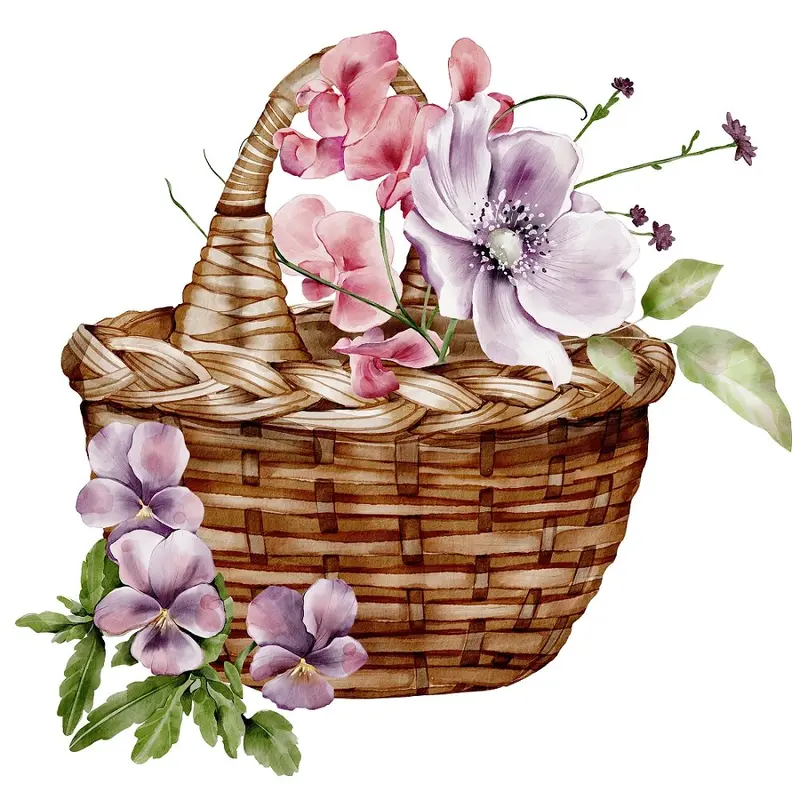English Garden Floral Basket Fabric Panel
