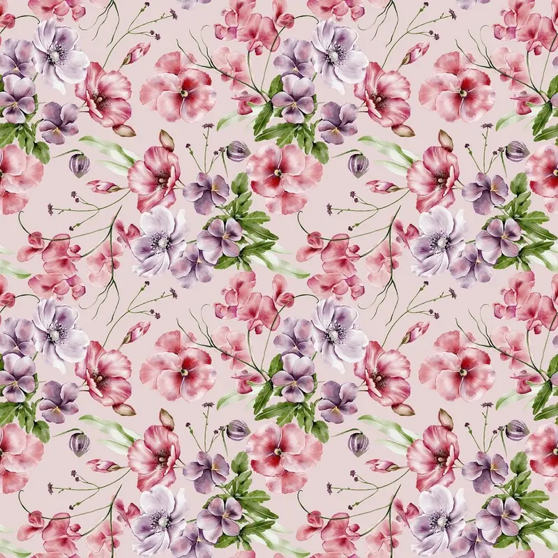English Garden Pansies, Cosmos, and Poppies Fabric - Pink