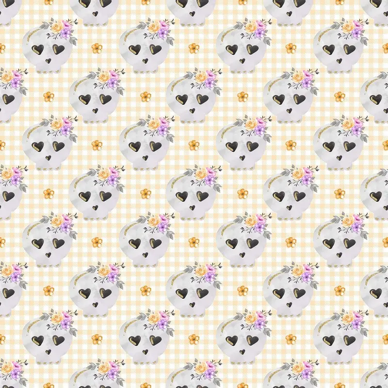 Floral Skull on Plaid Fabric - Orange