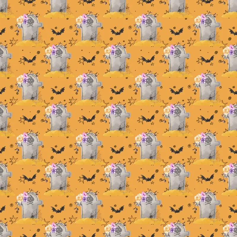 Floral Tombstones & Bats Fabric - Orange