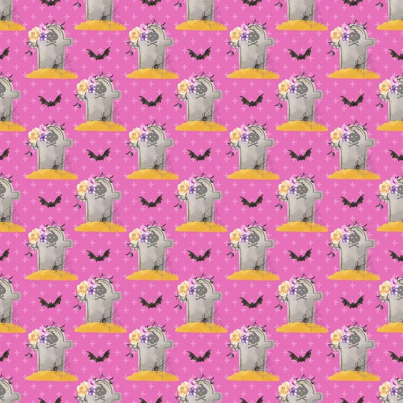 Floral Tombstones & Bats on Crosses Fabric - Pink