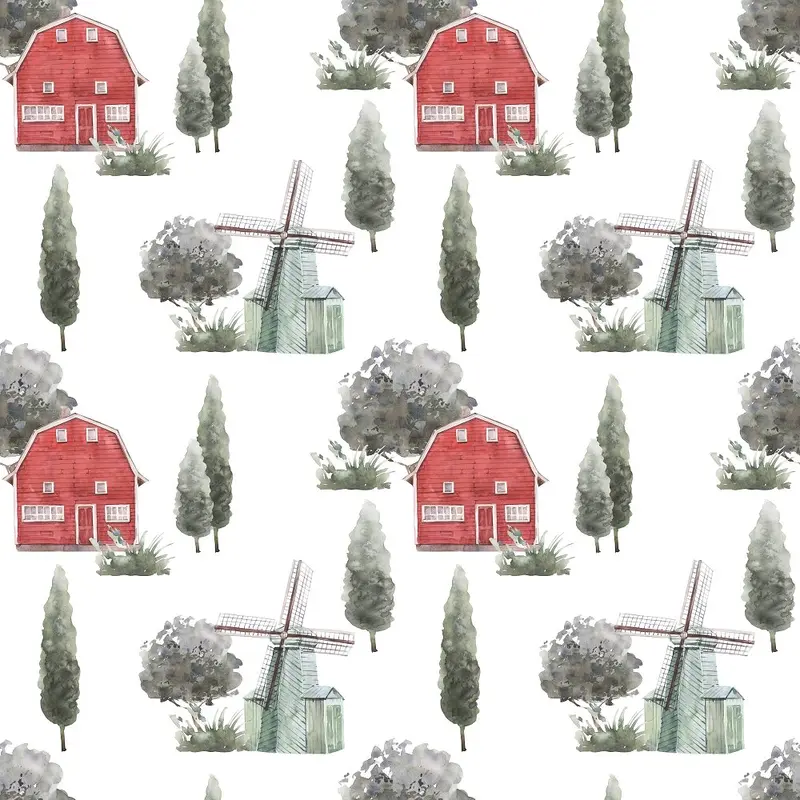 Fluffy Animals on the Farm Barn Fabric - White