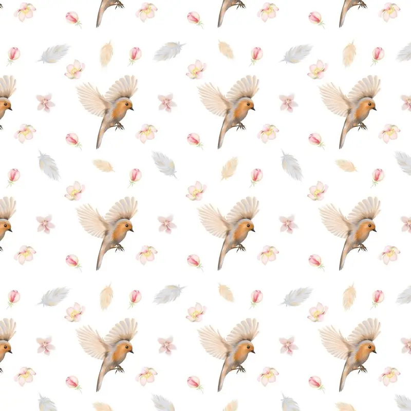 Flying Birds, Feathers, & Apple Tree Flowers Fabric