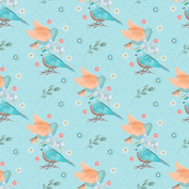 Flying Birds & Flowers Fabric - Blue