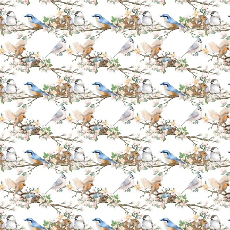 Flying Birds in Apple Tree Birds Nests Fabric