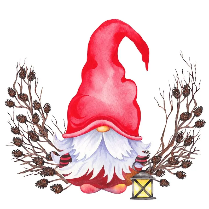 Forest Gnome With  Pine Wreath Fabric Panel - White