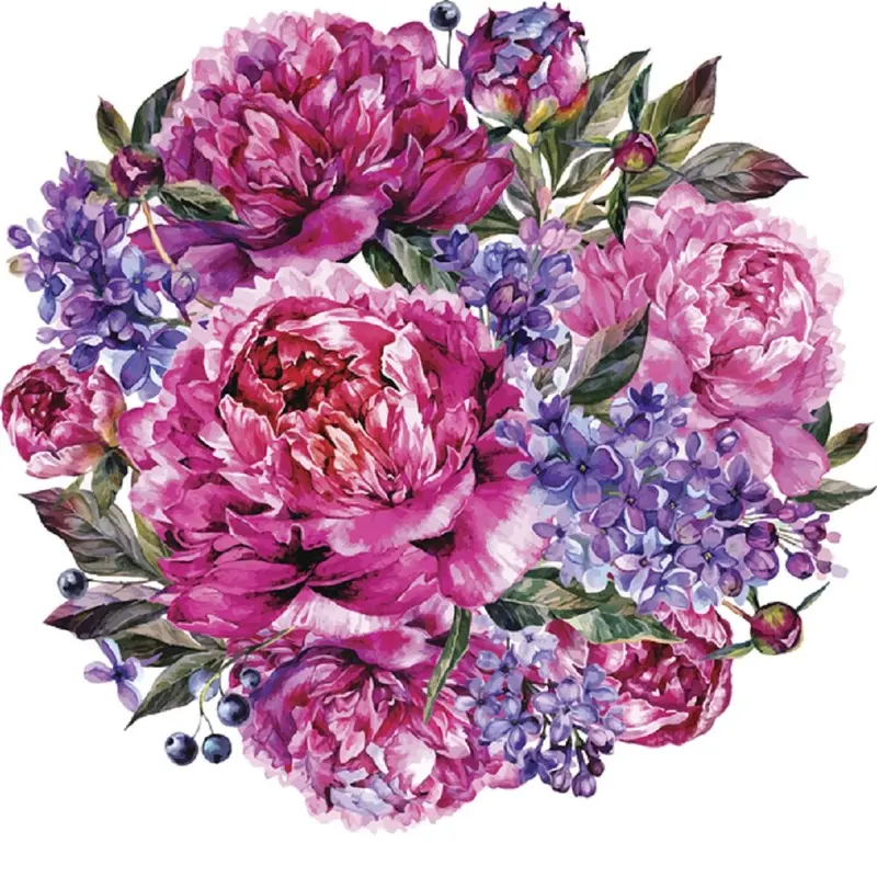 Fuchsia Peony And Lilac Bouquet Fabric Panel - White