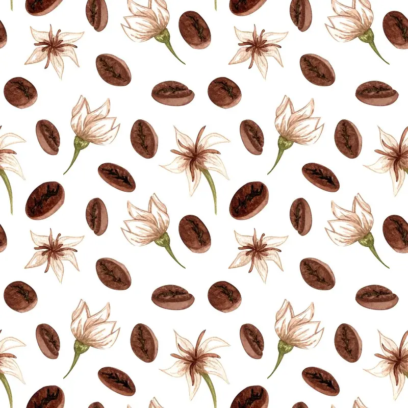 Coffee Bean and Flowers Fabric - White