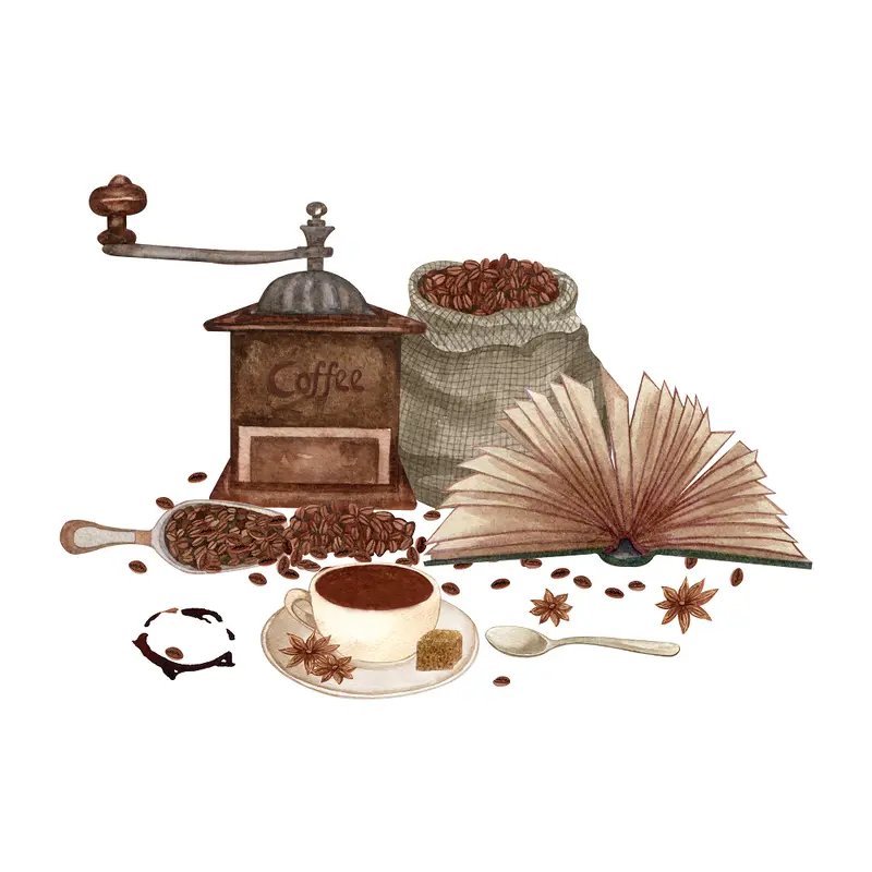 Coffee Bean Grinder and Vintage Book Fabric Panel