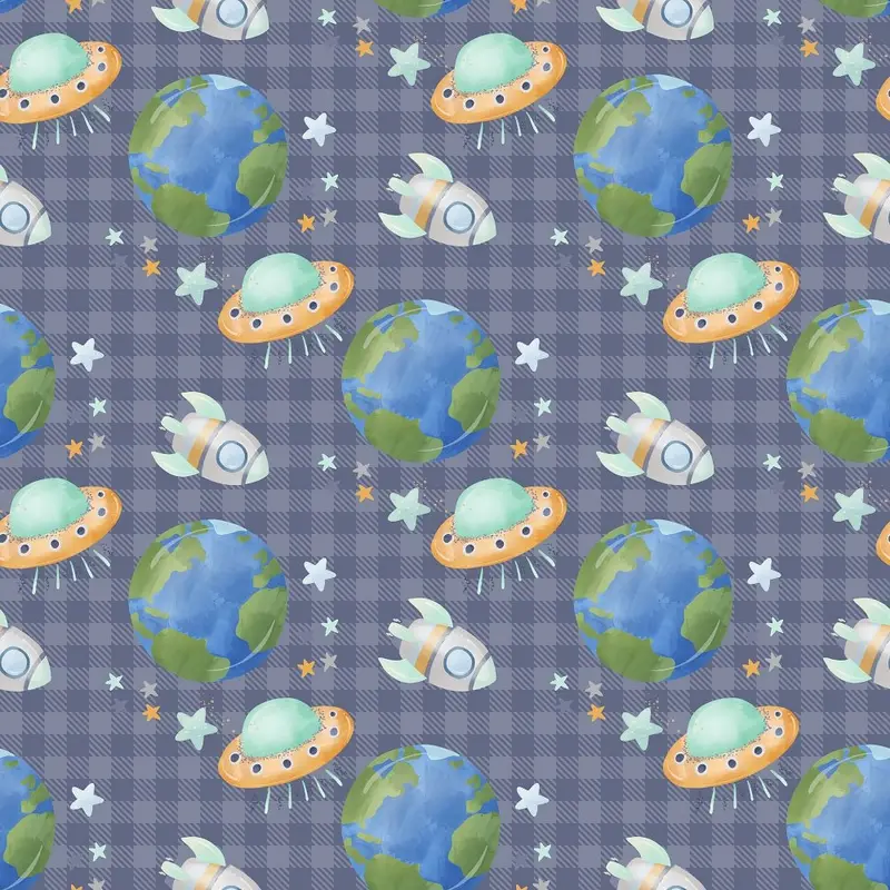 Dreams of Outerspace Earth and Ships on Plaid Fabric - Blue