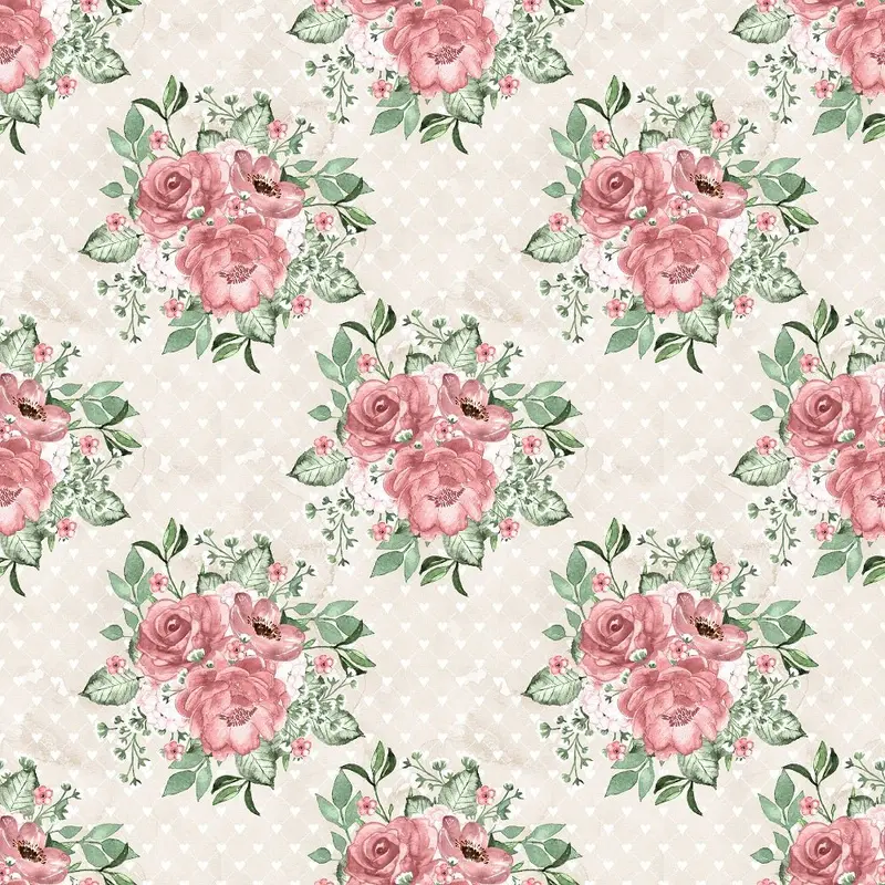 Dusty Rose Garden Bouquets on Hearts Fabric - Tan