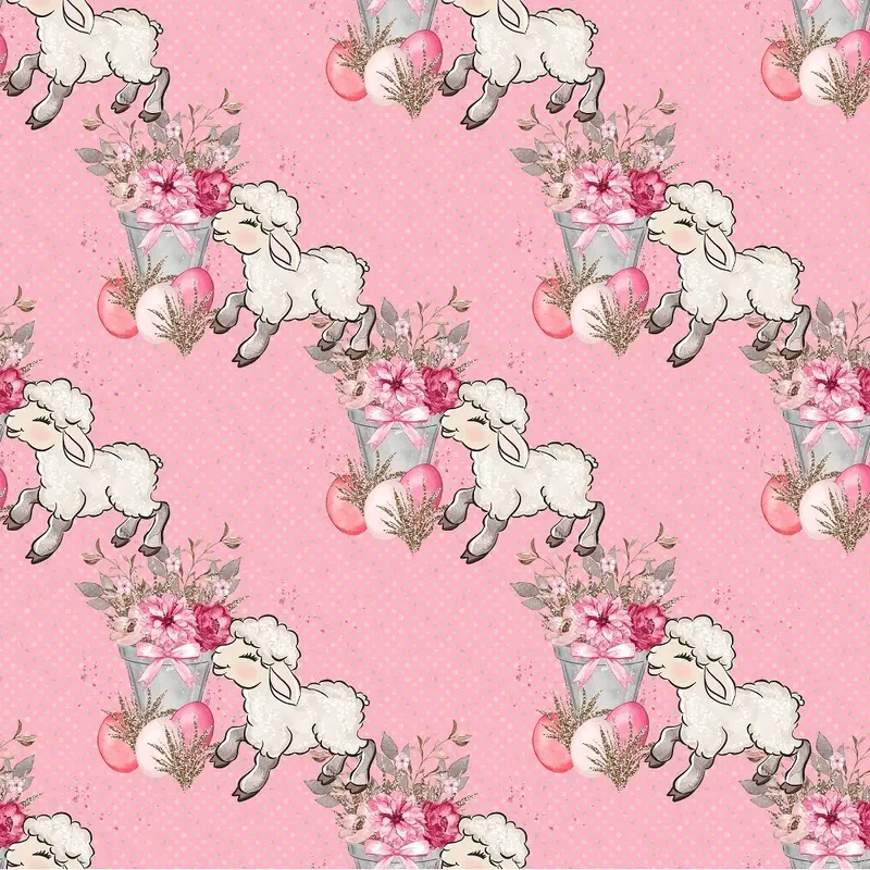 Easter Flowers & Lamb on Polka Dots Fabric - Light Pink