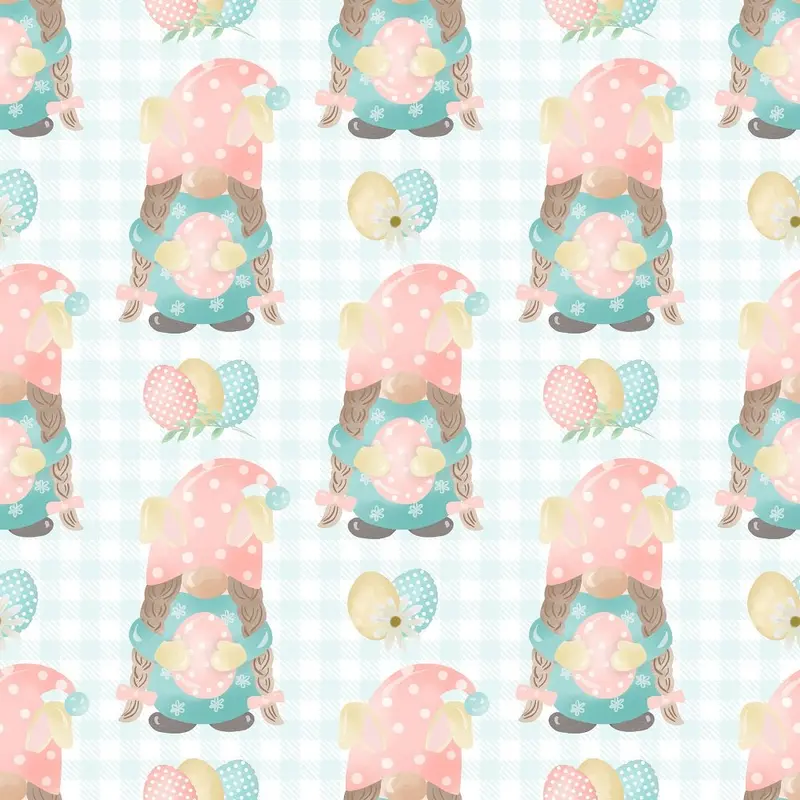 Easter Rainbow Gnomes On Blue Gingham Fabric