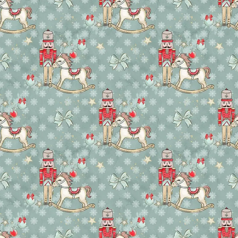 Elegant Nutcracker Next to Rocking Horse Snowflakes Fabric - Green