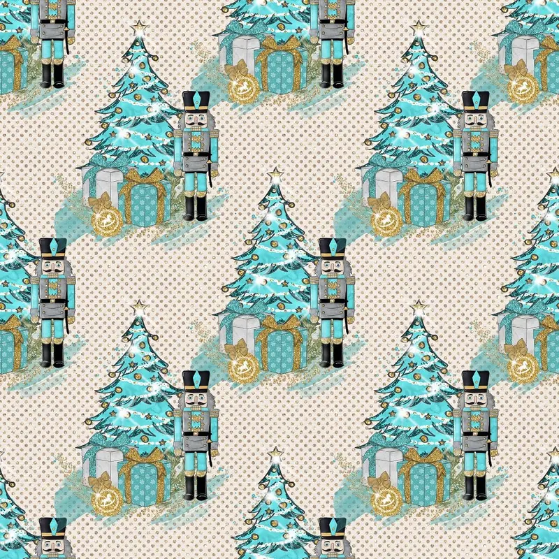 Elegant Nutcracker Next to Tree Dots Fabric - Tan