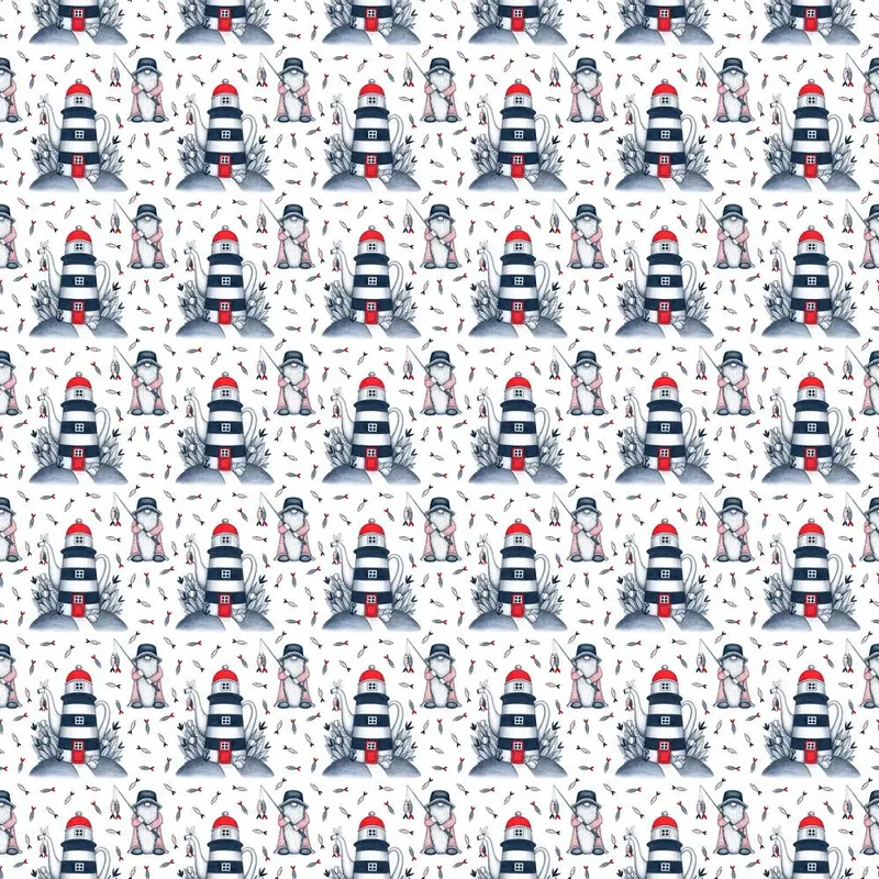 Fishermen Gnome At Sea Fabric - White