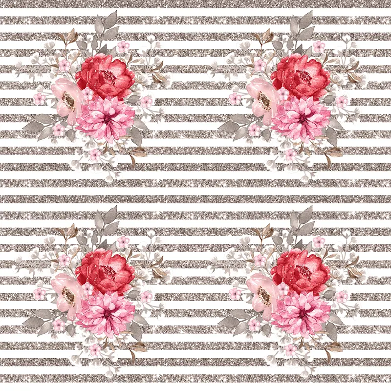 Floral Bouquet & Stripes Fabric - Gray