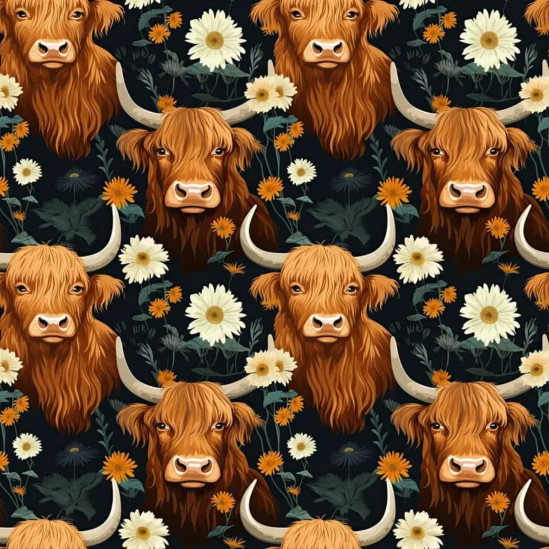 Floral Highland Cows Pattern #2 Fabric