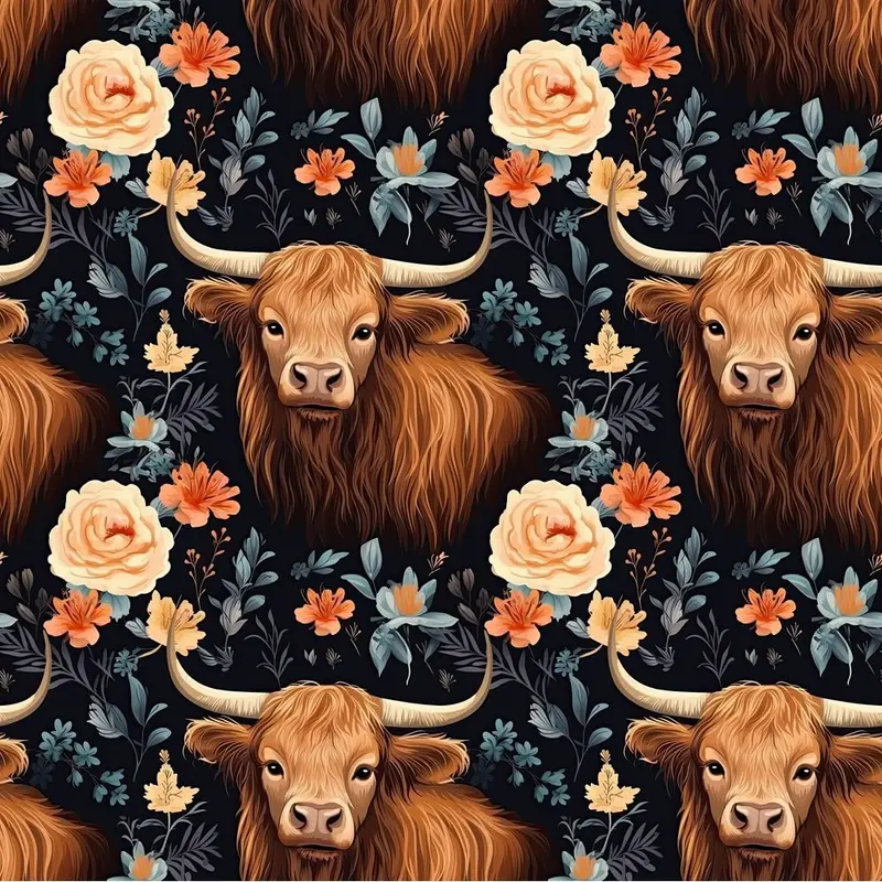 Floral Highland Cows Pattern #7 Fabric