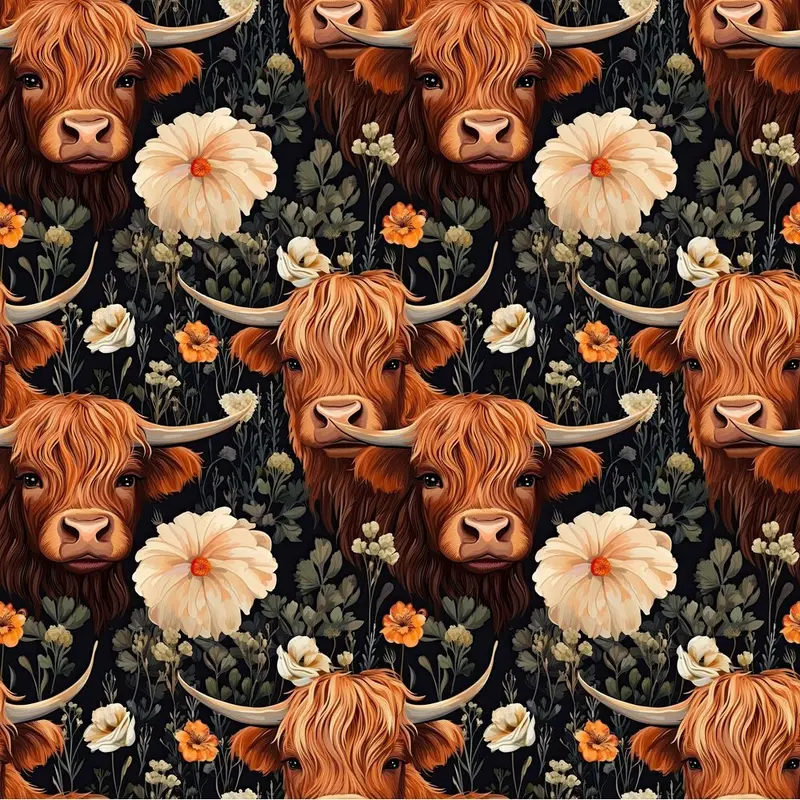 Floral Highland Cows Pattern #8 Fabric