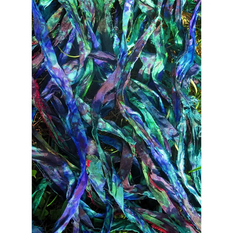 Blue & Green Tie Dye Peacock Feather Multi Recycled Sari Silk Ribbon