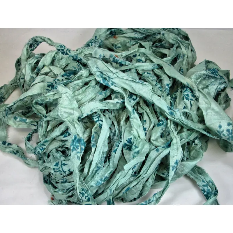 NEW Retro Print Light Blue/Green & Teal Floral Recycled Sari Silk Ribbon