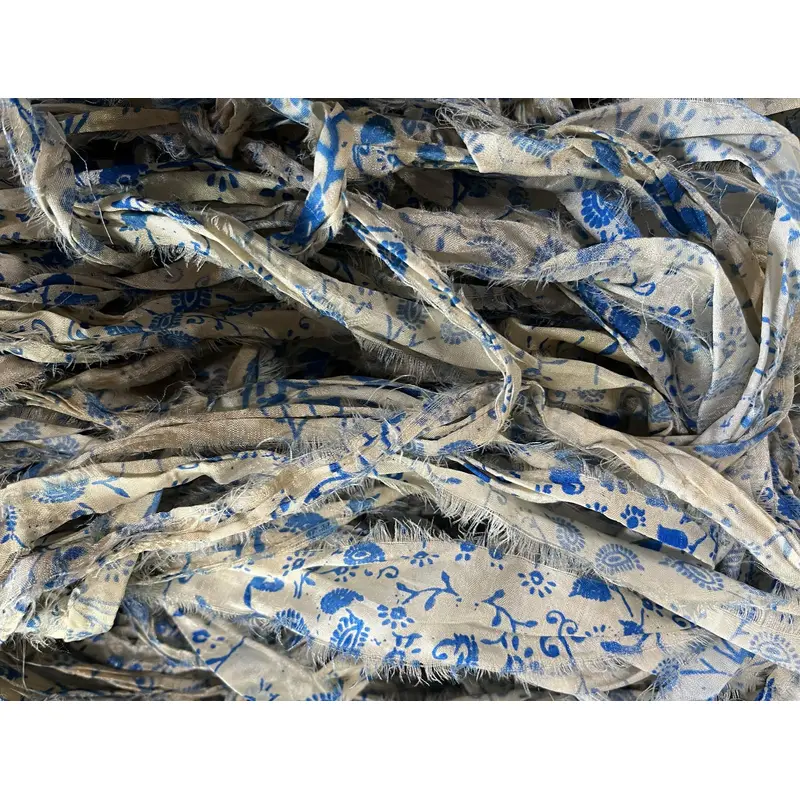 NEW Retro Print Blue/White/Ivory Recycled Sari Silk Ribbon