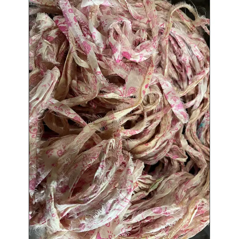 NEW Retro Print Pink/White/Ivory Recycled Sari Silk Ribbon
