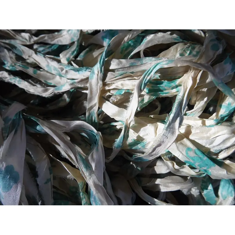 NEW Retro Print Turquoise/White/Ivory Recycled Sari Silk Ribbon