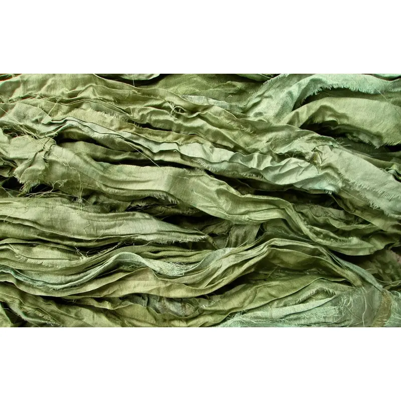 Olive Green Recycled Sari Silk Eyelash Ribbon 5 yards