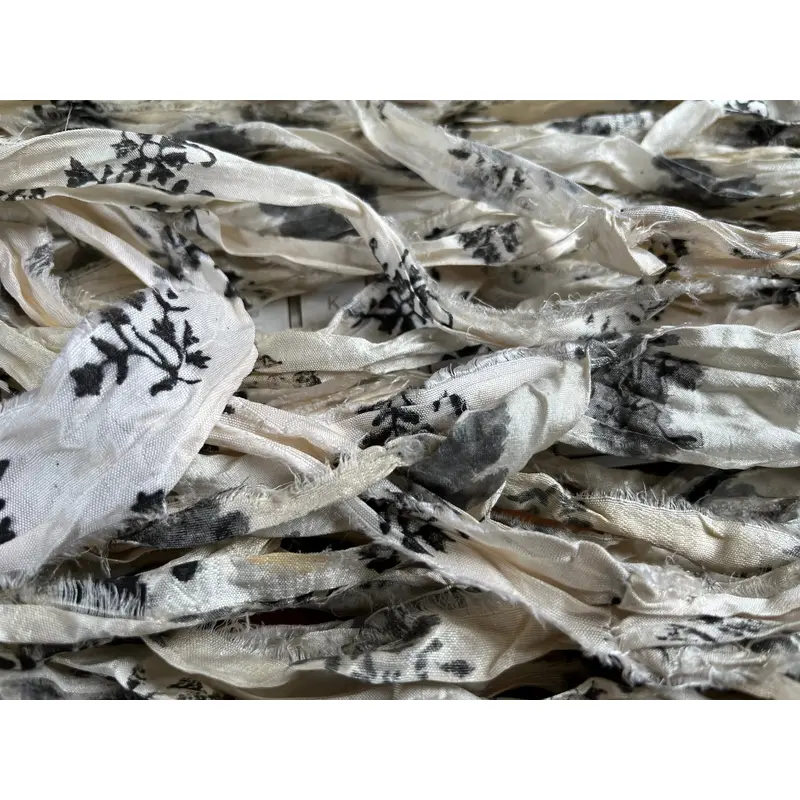 Salt & Pepper Floral Print Recycled Sari Silk Ribbon